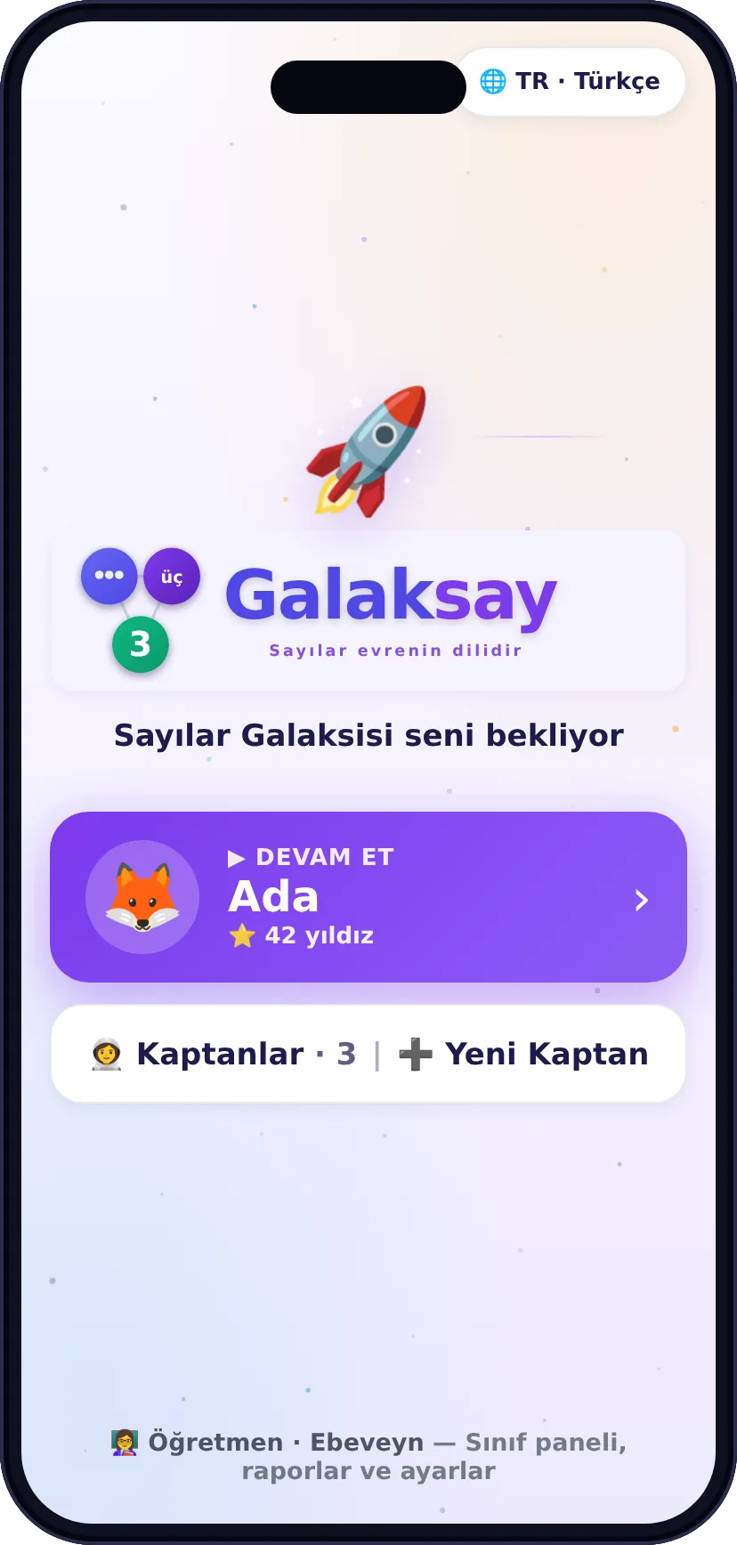 Açılış ekranı: Galaksay logosu, Devam et kartı ve Kaptanlar düğmesi