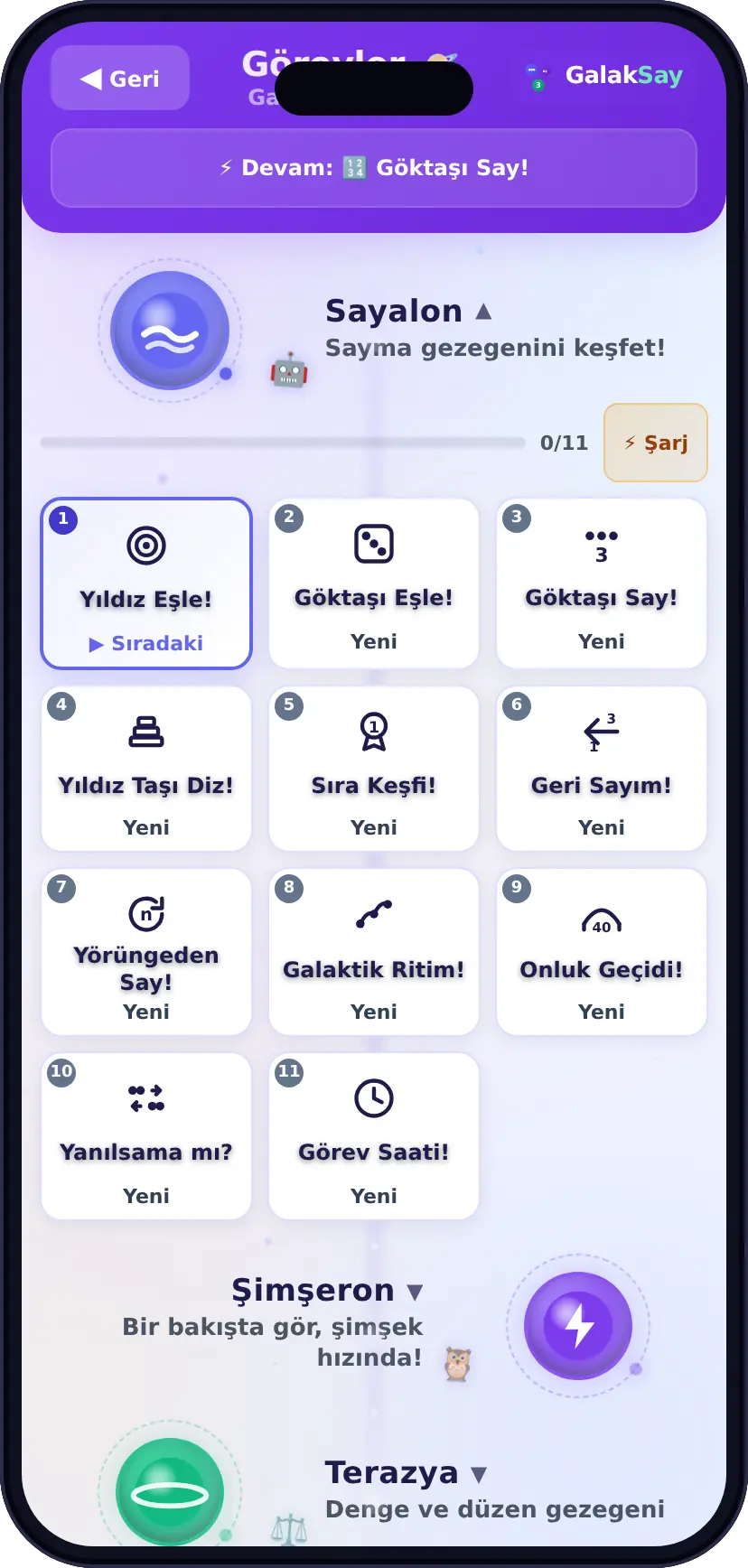 Görev seçimi: Sayalon gezegeninin numaralı görev kartları